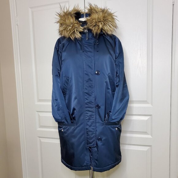 GAP Women’s Hooded Parka Faux Fur Trim Navy Blue Size M - Picture 4 of 10